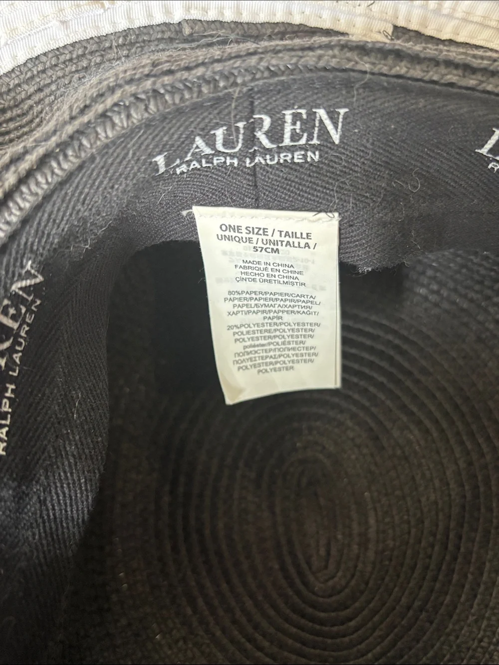 Lauren Ralph Lauren Black and White Wide-Brim Straw Sun Hat with Band